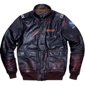 Erkekler Deri Sahte Vintage Black Spring A2 Ceket Askeri Stil Plus Boyut 5xl Doğal Horsehide Sonbahar Havacılık Orijinal Katlar 231020