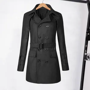 Men's Trench Coats Double Breasted Woolen Coat Stylish Jacket With Lapel Pockets Belt For Autumn Winter Business