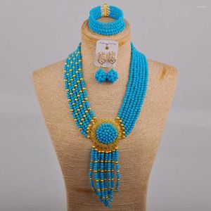 Colar brincos conjunto nigeriano casamento traje jóias azul contas africanas cristal nupcial