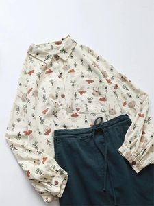 Kvinnors blusar 146 cm Byst / Spring Autumn Women All-Match Japan Style Loose Plus Size Söta tryck Comfy Cotton Linen Shirts / Blusar