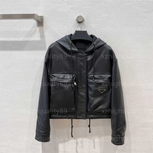 Leather Jacket Women Jackets Womens Fashion Hooded Coat Iconic Triangle Decoration Long Sleeved Large Pockets Handsome Motorcycle Coats Designer Jacket