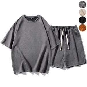 Men's Tracksuits 2023 Summer Men Short Sleeve Sets Casual Korean Design Solid Color O-Neck T-Shirt Shorts Elastic Waist High Quality