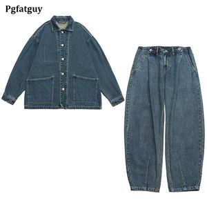 Мужские комплекты из 2 предметов на весну и осень, джинсовая куртка с большим карманом и закругленные джинсы-бананы, повседневная свободная уличная одежда в нейтральном стиле для пар, M-5XL