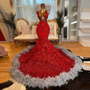 Luxury Red Mermaid Prom Dresses Sequined Feathers Long Evening Dress Vestidos De Gala Graduation Party Gonws Custom Made