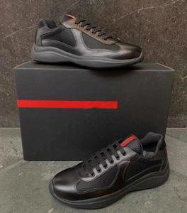 Män avslappnade Americas Cup Sneakers! Låga klackar sportskor patent läder nylon övre gummi sole prax hög topp sneaker mesh bekväm svart lyxdesigner storlek 38-46