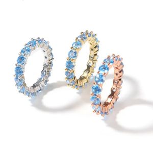 Anéis de casamento Hip Hop Bling Charming AAA Zircon Anéis Brilhando Cristal Azul Anel Fino para Personalizado CZ Zircon Rapper Cooper Jóias 231020
