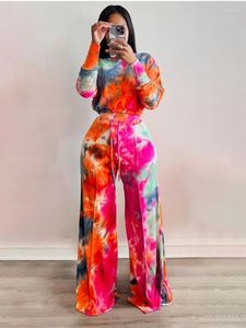 Kvinnors tvåbitar byxor Fashion Tie Dye Off Shoulder Tracksuit Women 2 Set Outfits Autumn Clothing Crop Top och Wide Leg Suit Woman Sets