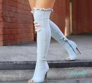 Seksowne buty kobiety uda wysokie buty nad kolanami wysokie rozgłosy Pumps Pumps Hole Blue Heels Zipper Denim dżinsowe buty