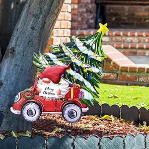 1 x Weihnachtsdekoration, Schild mit Pfählen, Metall-Zwerg, roter LKW mit Weihnachtsbaum und Geschenkbox-Ornament, Metall-Frohe Weihnachten, Feiertage im Freien, Garten