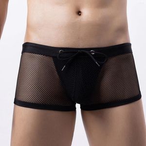 Underpants Mens Mesh Boxer Briefs Drawstring Low Rise Fashion Convex Pouch Hip Lifting Underwear Seamless Exotic Lingerie