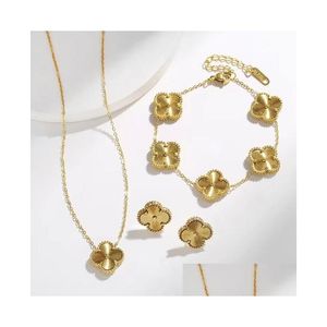 Bracciale Orecchini Collana Set di gioielli placcati oro 18 carati Designer di lusso Fiori Quadrifoglio Cleef Bracciale con ciondolo Fashional E Dh2Tc