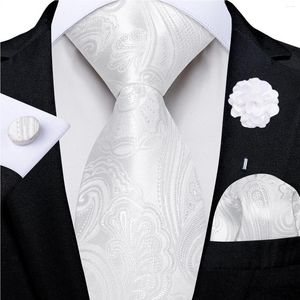 Bow Ties Luxury White Paisley Men's Silk Tie Set Pocket Square Cufflinks Wedding Party Accessories Brosch Pin Present Partihandel