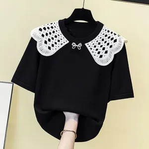 Women's Sweaters Fashion Bow Beading Stylish Sweater Pullover Women Knitted Tshirt Tops 2023 Summer Drawstring Lace Elegant Knitwear Pull