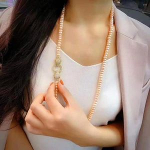 Chains Women's Jewelry 7-8mm 90cm Micro Inlaid Zircon Accessories Pink Purple Freshwater Pearl Necklace