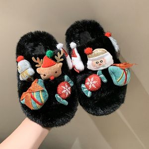 Meninas bonito dos desenhos animados de Natal novos chinelos fofos outono e inverno novo usar uma linha de algodão arrastar sapatos princesa preto