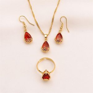 Water Drop Red Crystal Jewellery Set Pendant Necklace Earrings Ring 24k Fine Solid Gold GF cz big Rectangle Gem with Channel251K