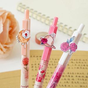 3 TEILE/SATZ 0,5mm Gel Stifte Kawaii Rosa Blumen Nette Schwarz Stift Rose Schreiben Werkzeug Büro Schule Liefert Koreanische Briefpapier metall Clip