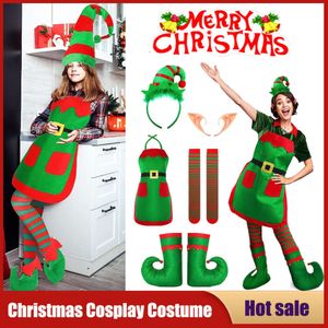 Cosplay feminino traje de natal elfo orelha avental vestido chapéu sapatos listrado meias cosplay outfits carnaval festa desempenho presente de natal