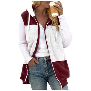 Gilet da donna Plus Size 5XL Giacca senza maniche in peluche per le donne Cappotto caldo con cappuccio a blocchi di colore Zip Up Cappotti in pile Gilet