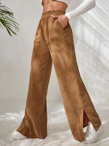 Kvinnors byxor 2023 Kvinnor Corduroy Wide Leg Fashion Casual Pocket Hög midja Elastisk gaffel Långt för svart höstvinst