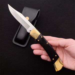 Classic 110 AUTO Tactical Folding Knife 440C Satin Blade Ebony with Brass Head Handle EDC Pocket Knives With Leather Sheath