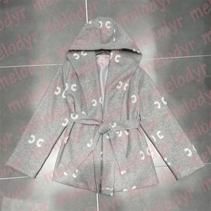 Jacquard Letter Hooded Trench Coat Luxury Wool Blend Windbreaker Autumn Winter Windproof Woolen Cloak for Women