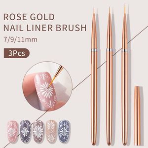 Makeup Tools Roségold 3-teiliges Set Nail Art UV Gel Liner Malpinsel Zeichnung Blumenstreifen Design Maniküre Kits 7911 mm 231020