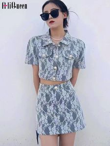 Work Dresses Skirt Suit Women Summer Lace Soft Short Sleeve Denim Coats Cropped Tops Slim Set Young Ladies Sweety Party 2 Piece Sets