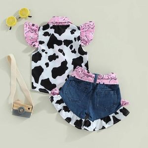 Conjuntos de roupas zzlbuf crianças bebê menina jeans roupas vaca impressão turn-down colarinho manga tops arco shorts com cinto 2pcs roupas conjunto