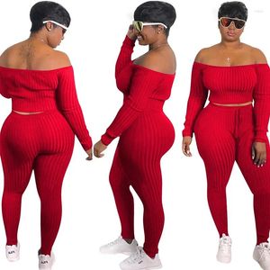 Zweiteilige Damen-Hosen-Lounge-Wear-Strickrippen-Trainingsanzug für Damen, sexy, schulterfrei, langärmelig, bauchfreies Top, Leggings, figurbetontes Set, Outfits für