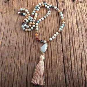 Fashion Bohemian Jewelry Stones Knotted Stone Links Tassel Necklaces For Women Boho Jewelryes Lariat Necklace Pendant2945