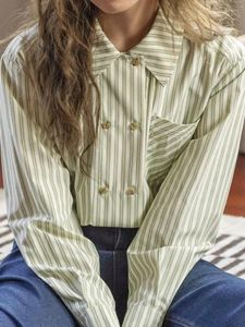 Women's Blouses Casual Cotton Shirt Turndown Collar Stripe Long Sleeve Top Fashion Cardigan Loose 2023 Autumn Female Shirts