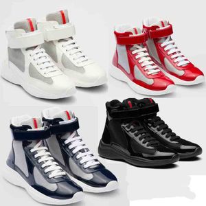2023 Americas Cup Sneakers Men Casual Shoes Patent Leather Nylon Upper Rubber Sole High-Top Sneaker Mesh Bekväm svart lyxdesigner Storlek 38-46