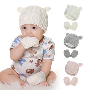 0-18M Winter Baby Knitted Hat Gloves Set Lovely Bear Ears Infant Beanie Hats Girls Boys Child Hear Wear S M L
