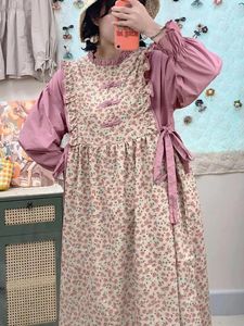 Casual Dresses Corduroy Long Sleeve Floral Dress Women Japanese Sweet Mori Kei Girl Embroidered Cotton Linen Vintage Loose Female Vestido