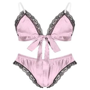 Completi di reggiseni Lingerie da uomo Pigiama in raso Set di pizzo Sissy Pigiami da notte Abiti Pigiami Cinghie regolabili Reggiseno con lacci Top con slip195a