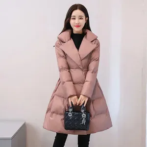 女性のトレンチコート冬のパーカー女性ミッドレングスダウンコットンジャケット韓国ファッション厚い暖かい弓ビッグスイングパッド付きコート女性ルーズ