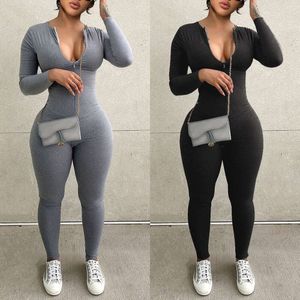 Macacões femininos com zíper com decote em v primavera e outono novo sexy bodysuit calças de manga longa para mulher roupas de outono