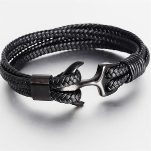 High Quality Men's Titanium Steel Bracelet Black Personality Leather Woven Anchor Rope For Men Gift Charm Bracelets249A