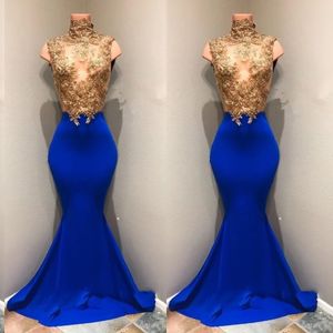 Kvällsklänningar Royal Blue Prom Party Gown Mermaid Plus Size Ny anpassad dragkedja Lace Up Gold Applique High Neck Sleeveless paljetter Elastic Satin