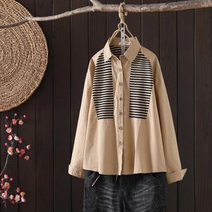 Kvinnors blusar Spring Autumn Kort randig lapptäcke Loose Casual Cardigan Femme Bekväma all-match Top Ladies Clothing