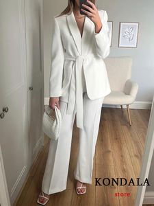 Women's Suits Blazers KONDALA Office Lady White Blazer Suits Women Long Sleeve V Neck Sashes BlazerHigh Waist Wide Leg Long Pants Fashion Sets 231020