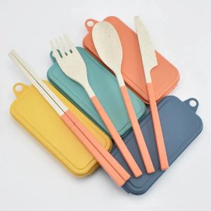 Klappbesteck-Set aus Weizenstroh für Kinder, Messer, Gabel, Löffel, Stäbchen, tragbares Geschirr-Set, Besteck-Set für Reisen, Camping, 1020