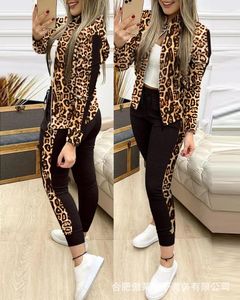 Calças femininas de duas peças contrastante leopardo impressão jaqueta cordão calça terno chique moda verão forma-encaixe alto estilo casual desportivo