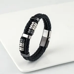 Strand 2023 European & American Style Sports Leisure Multi Ring Stainless Steel Double Layer Black Leather Cord Mens Bracelet