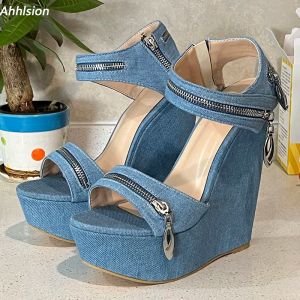 Ahhlsion Handmade Women Summer Denim Sandals Wedges Heeled Round Toe Beautiful Light Blue Party Shoes Ladies US Size 4-20