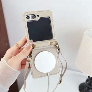 Crossbody Magnetic gångjärn Vogue Phone Case för Samsung Galaxy Folding Z Flip5 Flip4 Flip3 5G Slim Full Protective Matte Leather Shell Supporting Wireless Charging