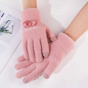 Fem fingrar handskar stickade handskar dagligen varm vinter ny plysch utomhus kvinnlig mode pekskärm söta studenter