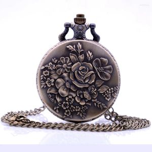 Pocket Watches Fast Post Bronze Rose Quartz Watch Vintage Pendant Necklace Chain Mens Womens Gift Relogio de Bolso