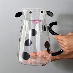 500ml/1800ml Transparent Glass Jug Heat-resistant Cartoon Cute Cow Shape Tea Pot and Cup Set Water/milk Cold Kettle Coffee Pot